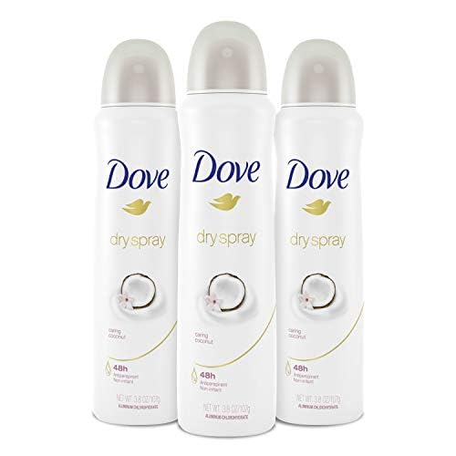 Dove caring coconut dry spray front view showing can and comforting scent benefits