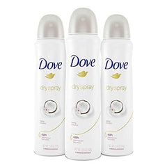 Dove caring coconut dry spray front view showing can and comforting scent benefits