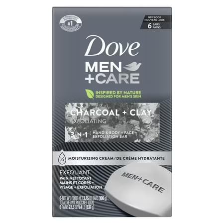 Dove Men+Care charcoal soap bar front view showing packaging and moisturizing benefit