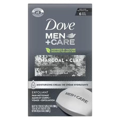 Dove Men+Care charcoal soap bar front view showing packaging and moisturizing benefit