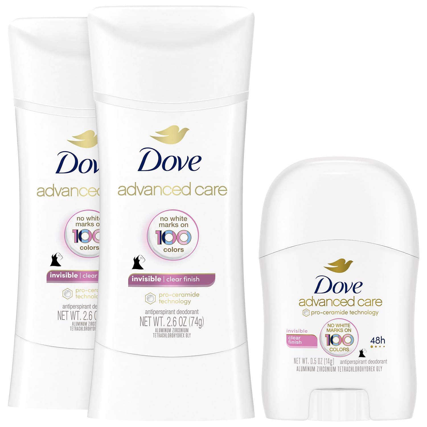 Dove front packaging showing clear finish and benefits