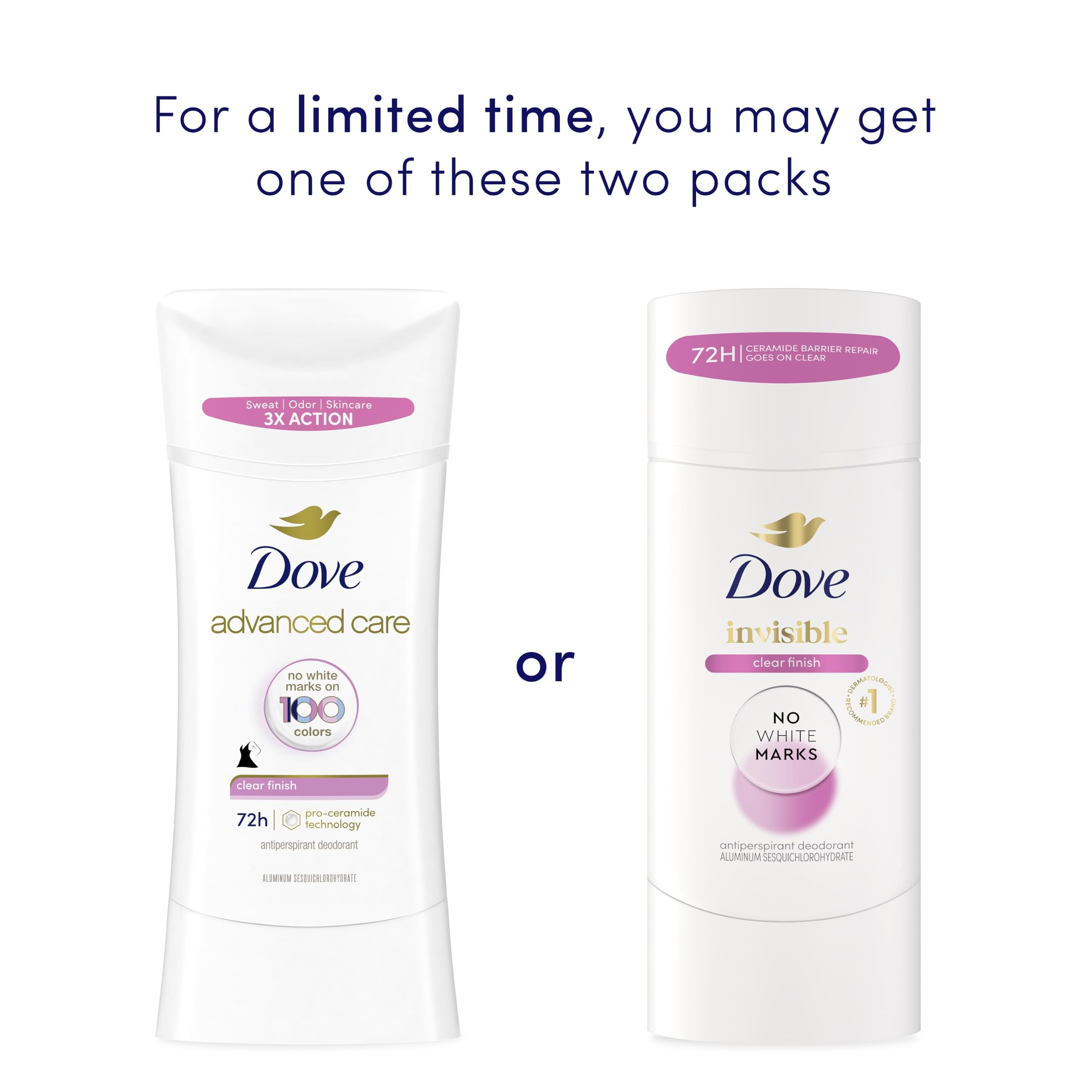 Dove clear finish label with Pro-Ceramide Technology highlighting barrier help