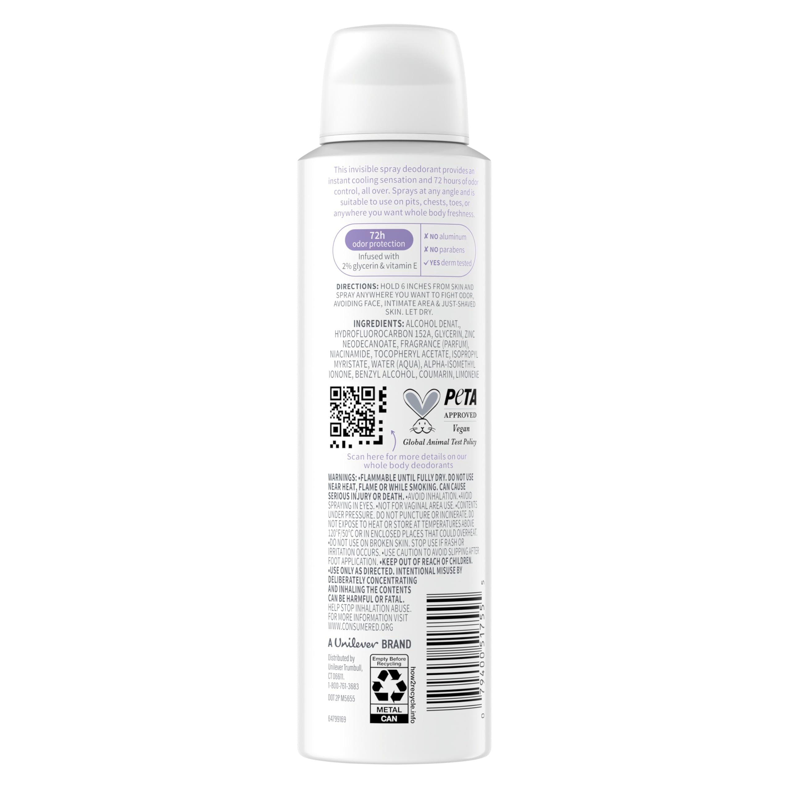 Dove coconut & vanilla back label with usage and ingredient information