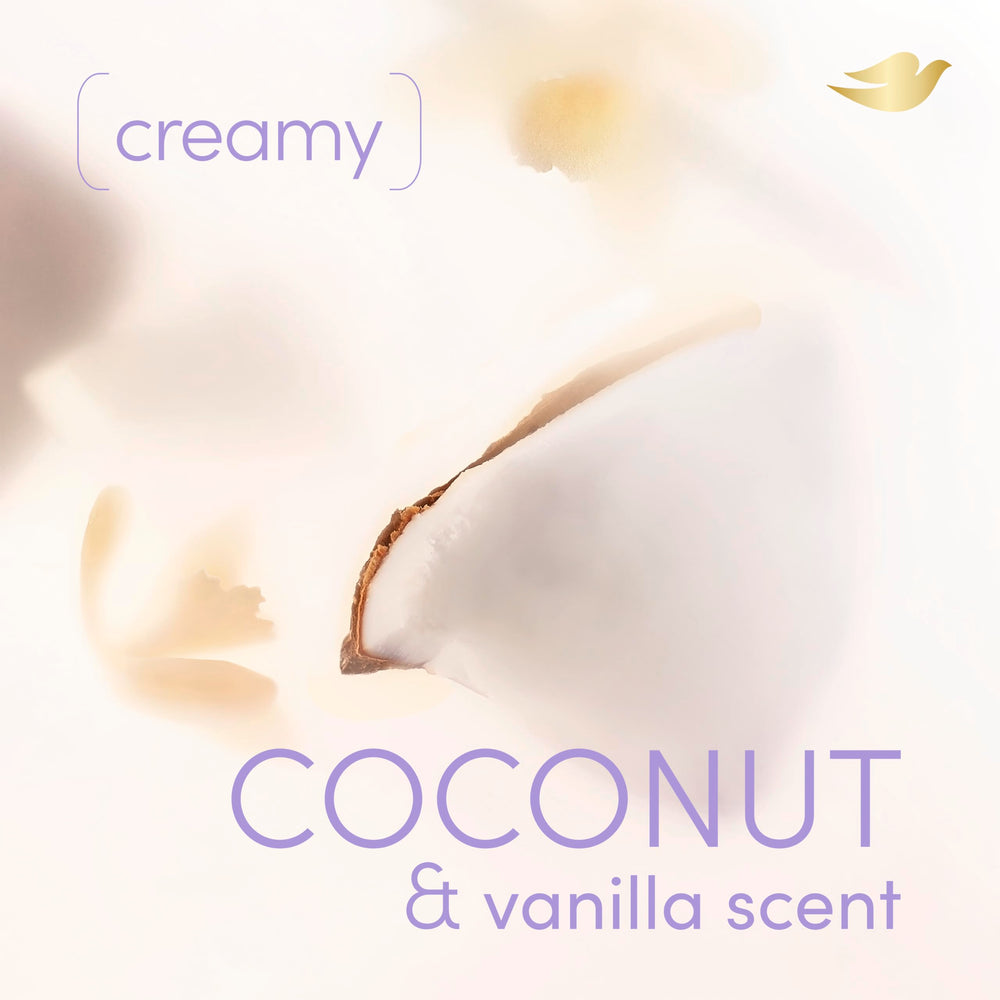 Dove coconut & vanilla next to hand to show 4 oz travel-friendly size