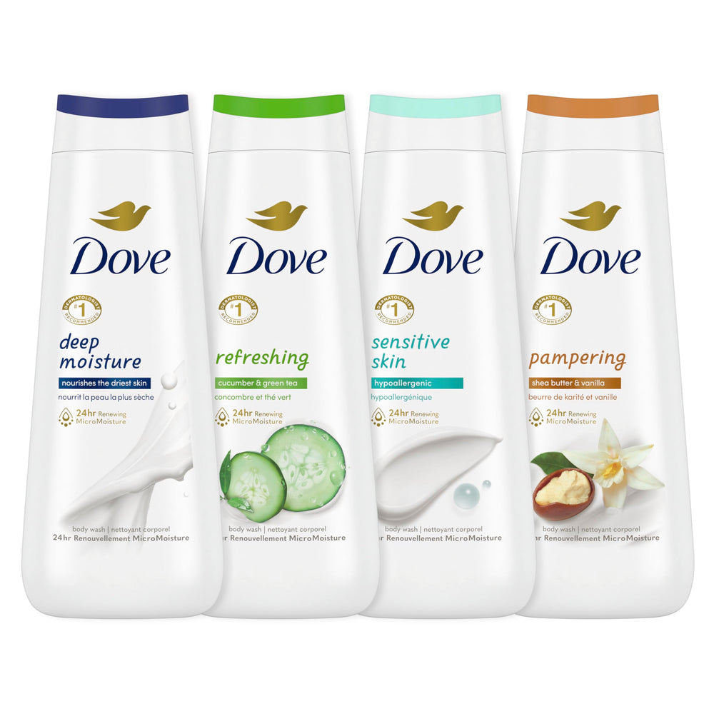 Dove collection front packaging showing four 20oz bottles and hydration benefits