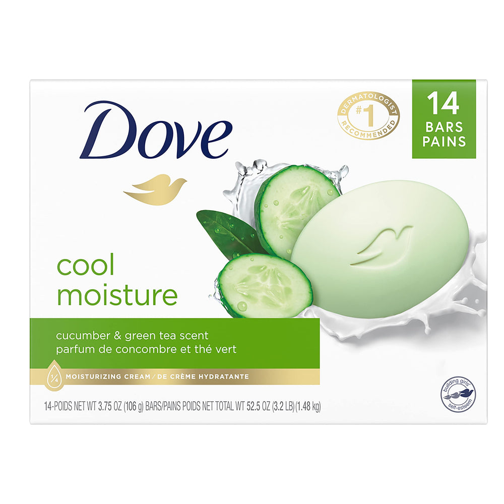 Dove front packaging showing cucumber and green tea, gentle cleansing benefit