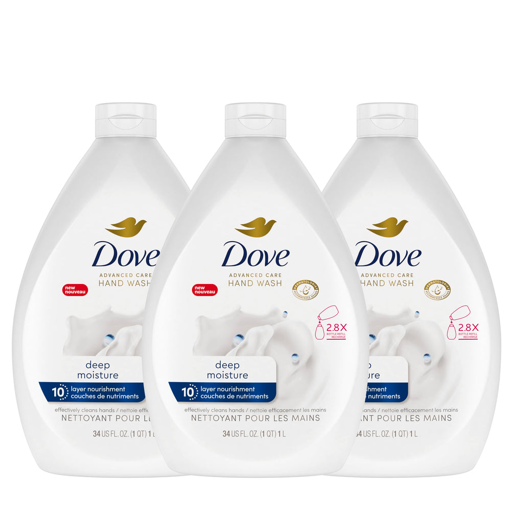 Dove front pack showing 3 refill bottles and brand hydration benefit