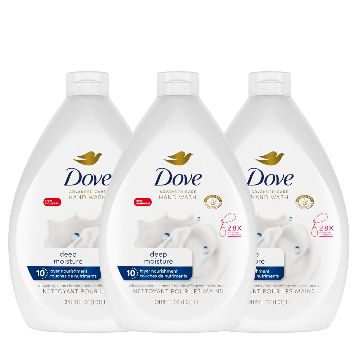 Dove front pack showing 3 refill bottles and brand hydration benefit