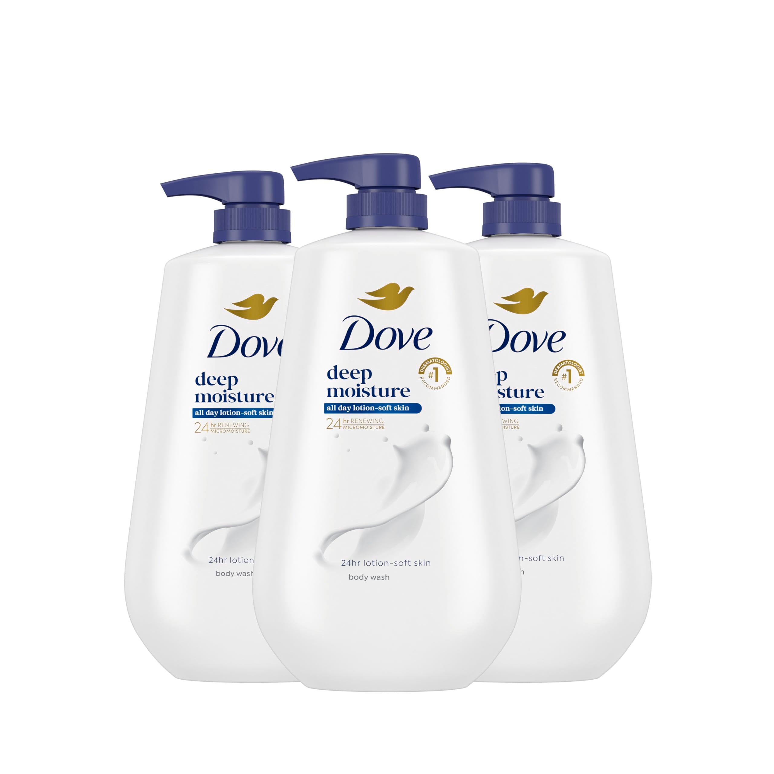 Dove deep moisture front packaging showing pump and label for easy identification and hydration benefit