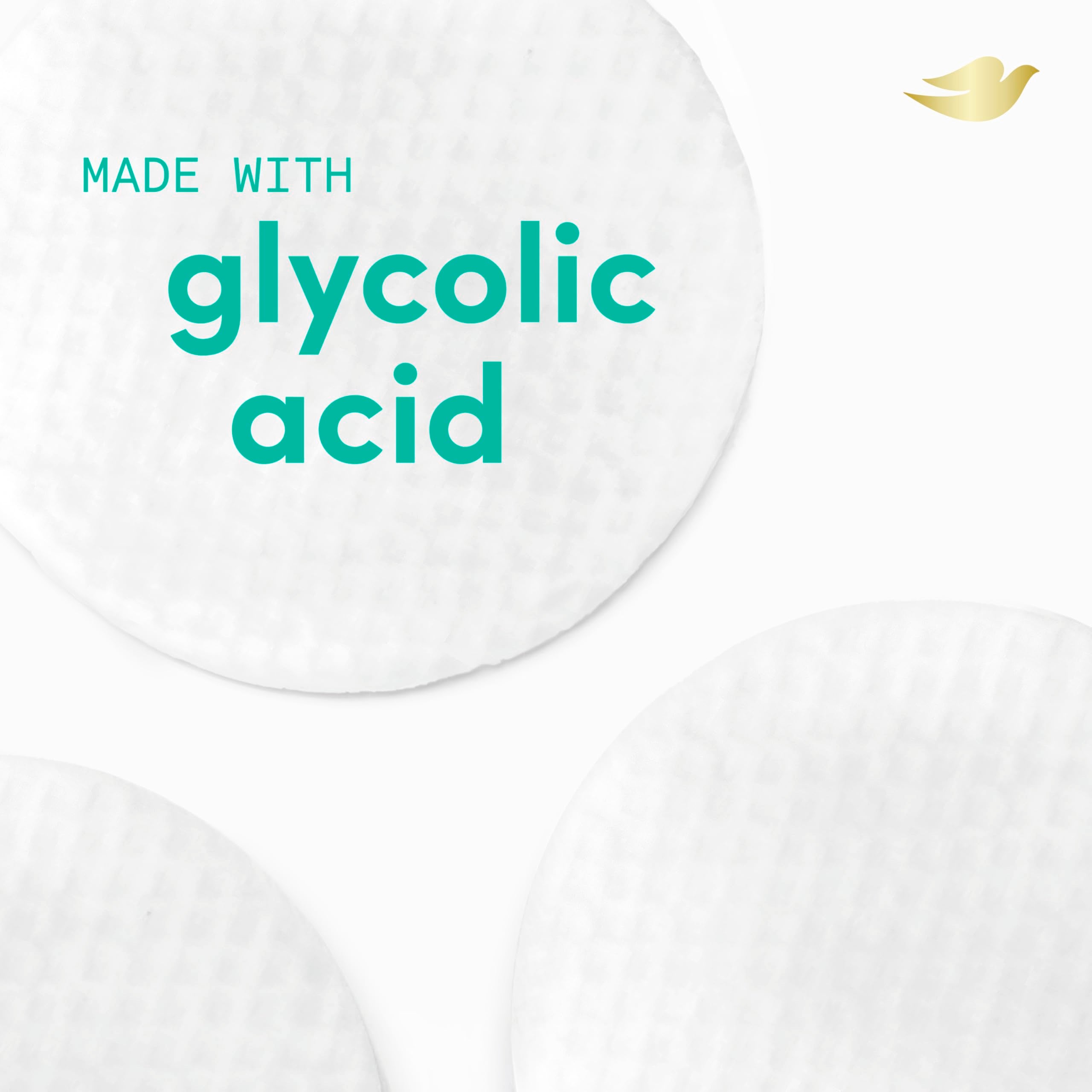 Dove pad soaked view highlighting glycolic acid formula for smoother skin