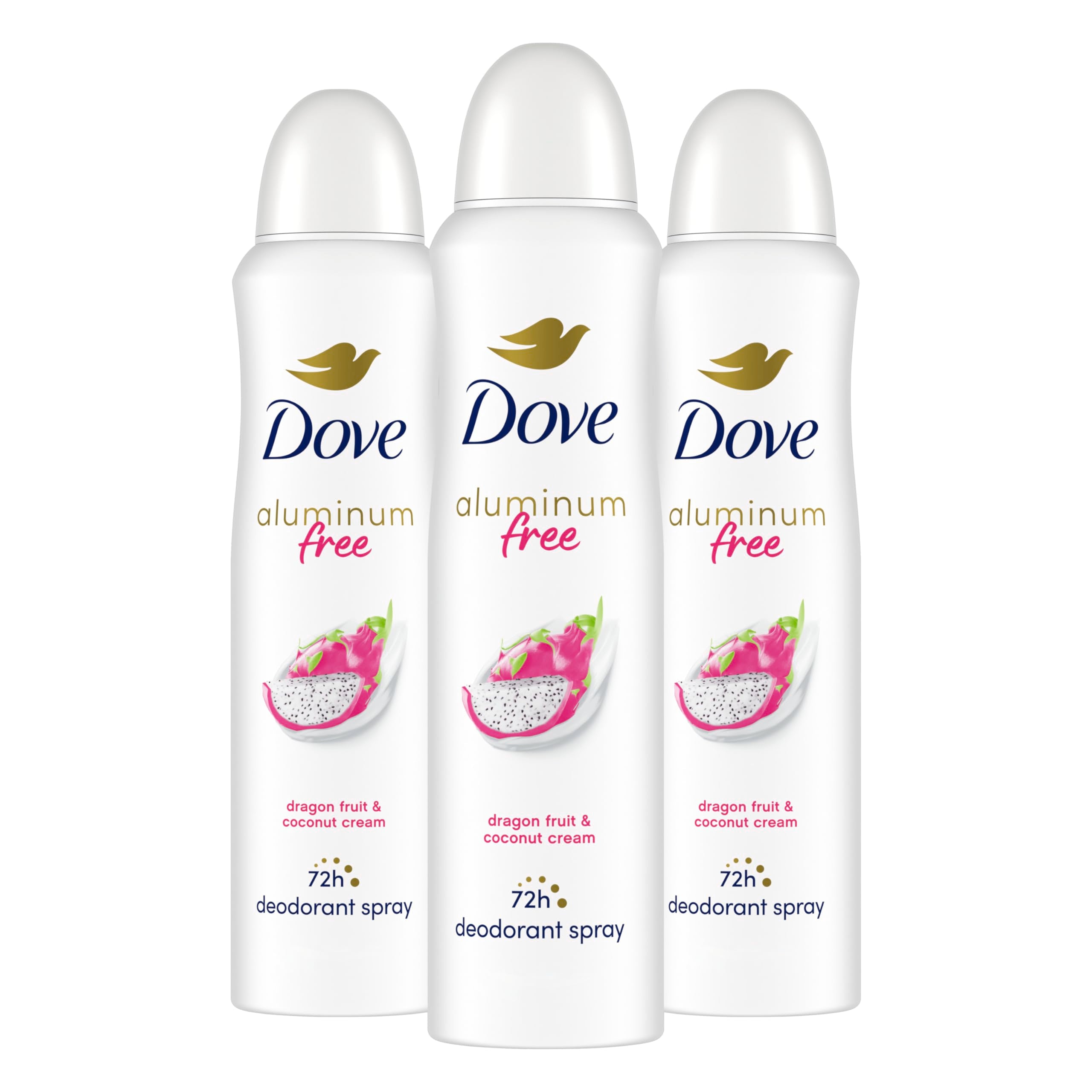 Dove dragon fruit & coconut cream pack front showing three cans and scent