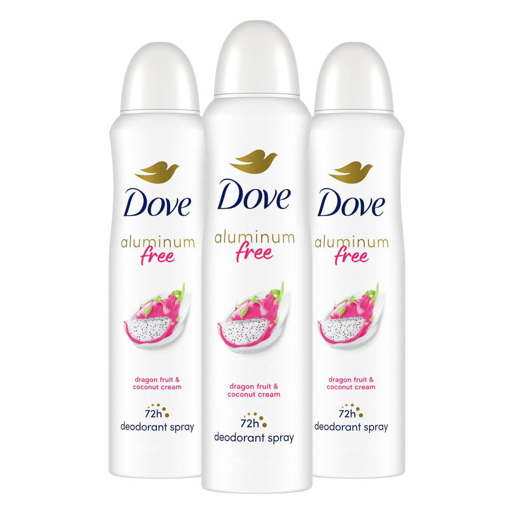Dove dragon fruit & coconut cream pack front showing three cans and scent