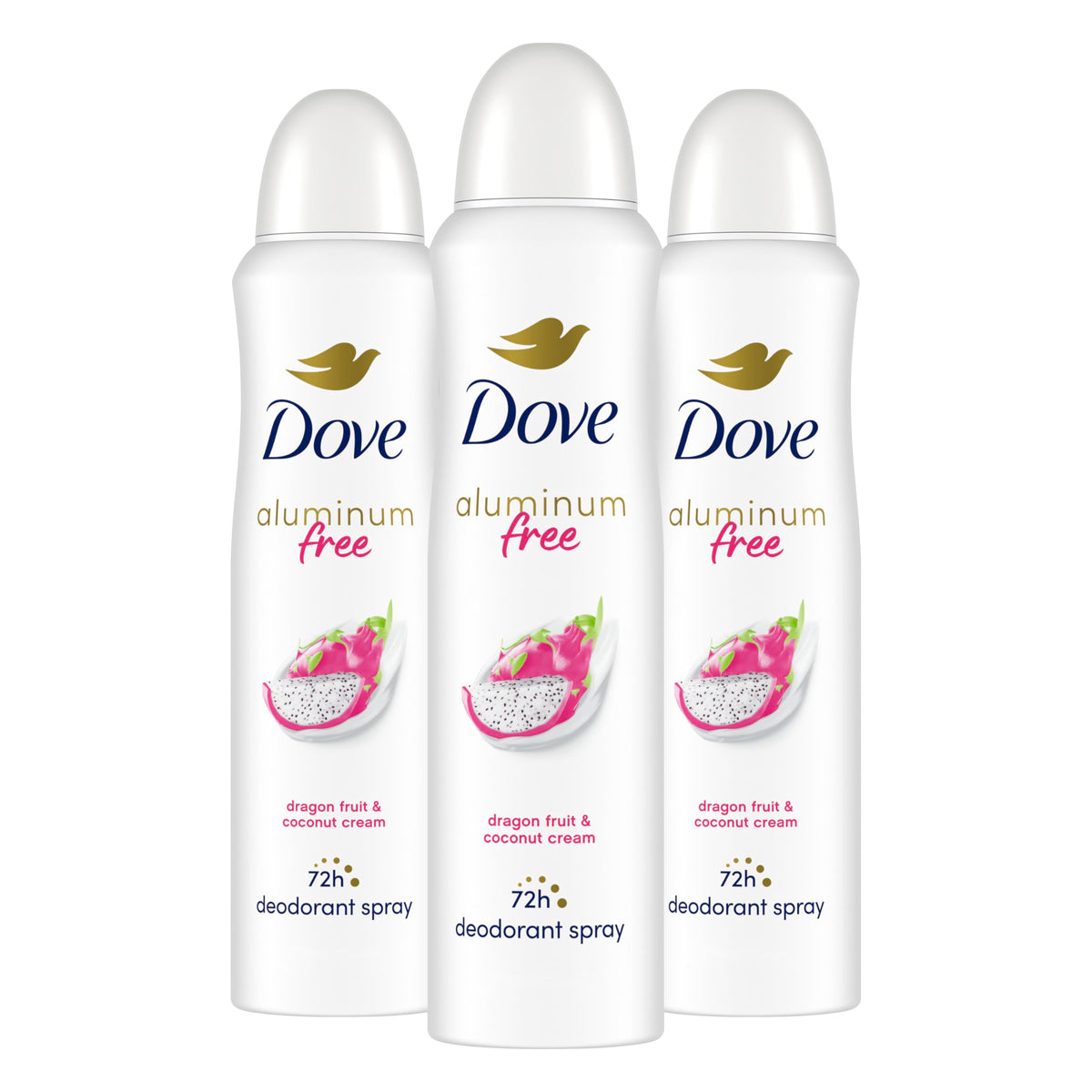 Dove dragon fruit & coconut cream pack front showing three cans and scent