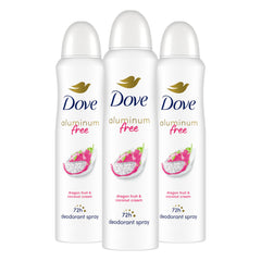 Dove dragon fruit & coconut cream pack front showing three cans and scent