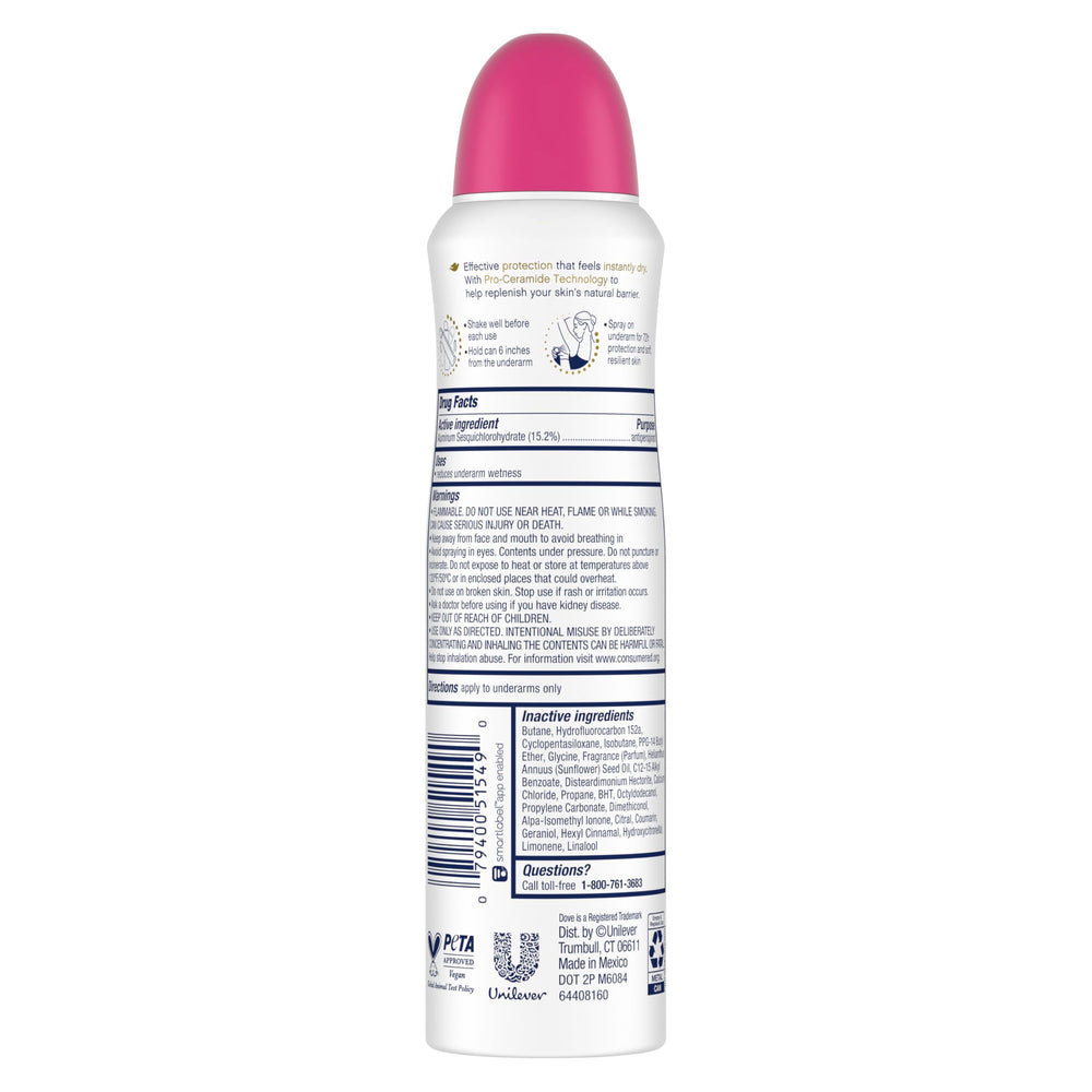 Dove side label close up highlighting product details and protection