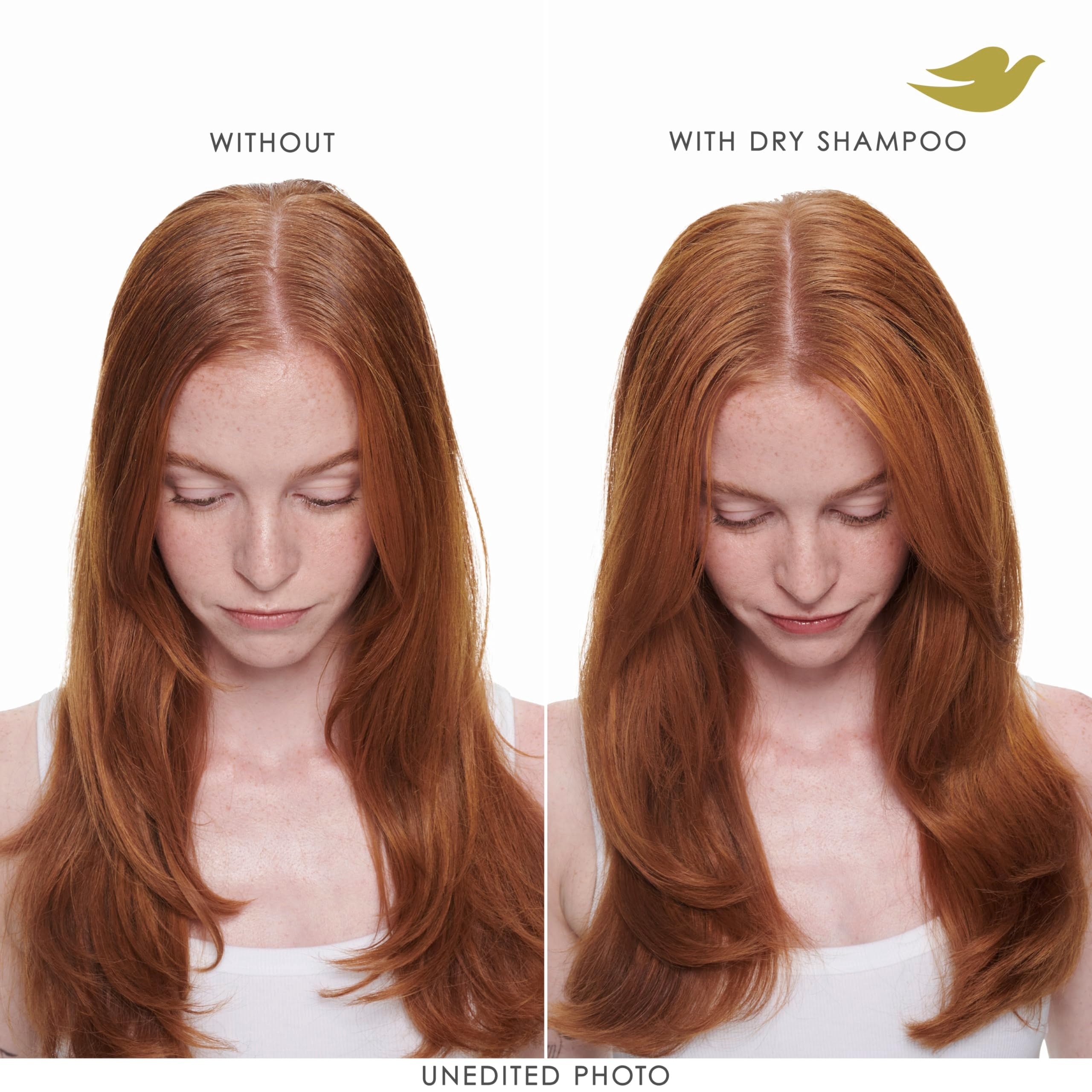 Before and after with Dove dry shampoo showing added fullness