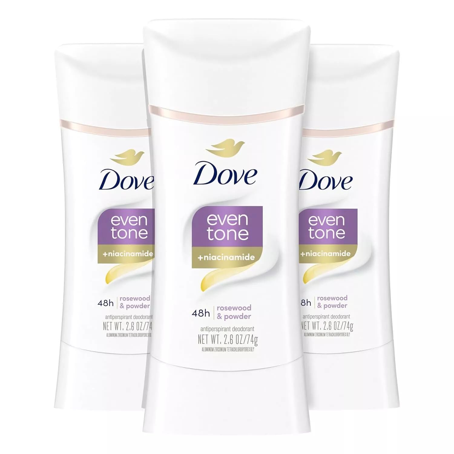 Dove Even Tone front packaging showing three sticks and benefits
