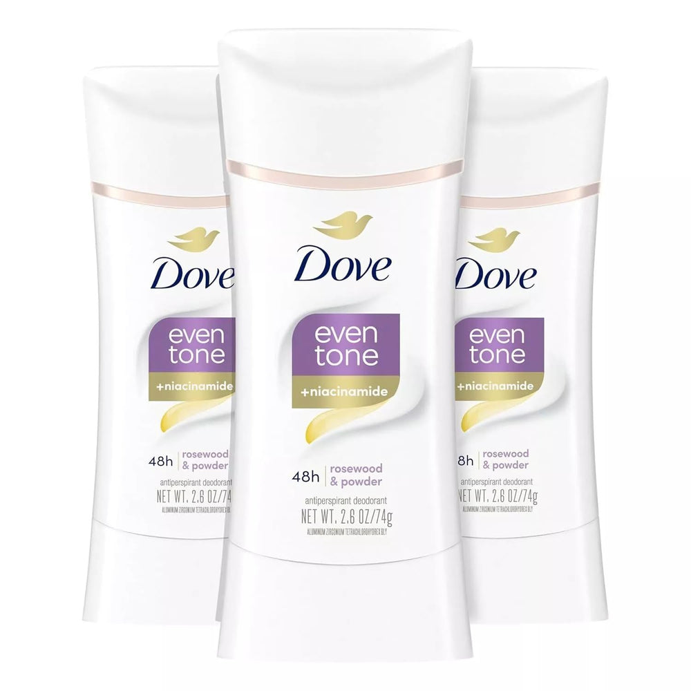 Dove Even Tone front packaging showing three sticks and benefits