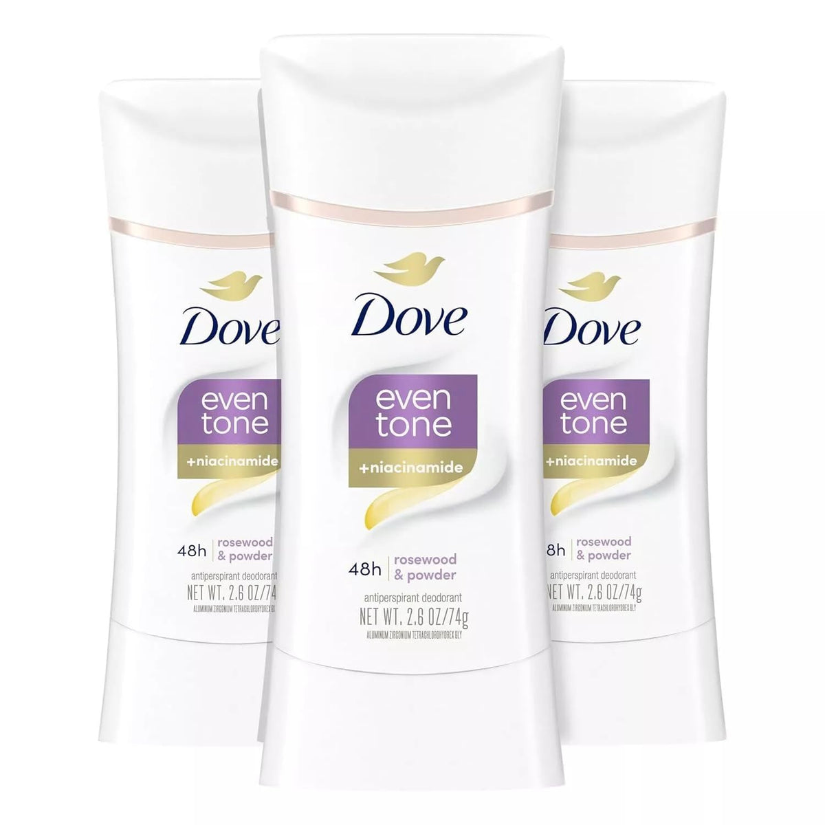 Dove Even Tone front packaging showing three sticks and benefits