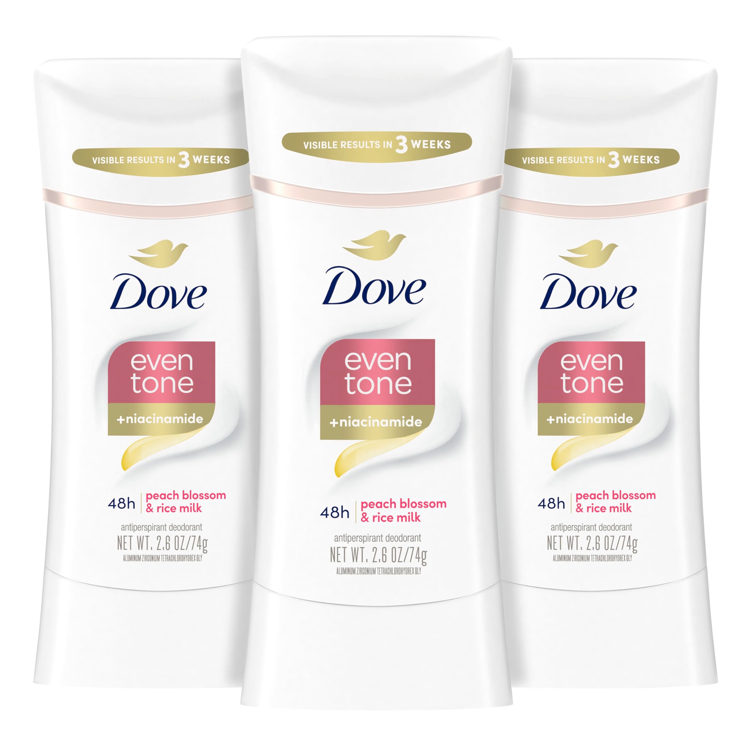 Dove Even Tone front packaging showing three sticks and benefits
