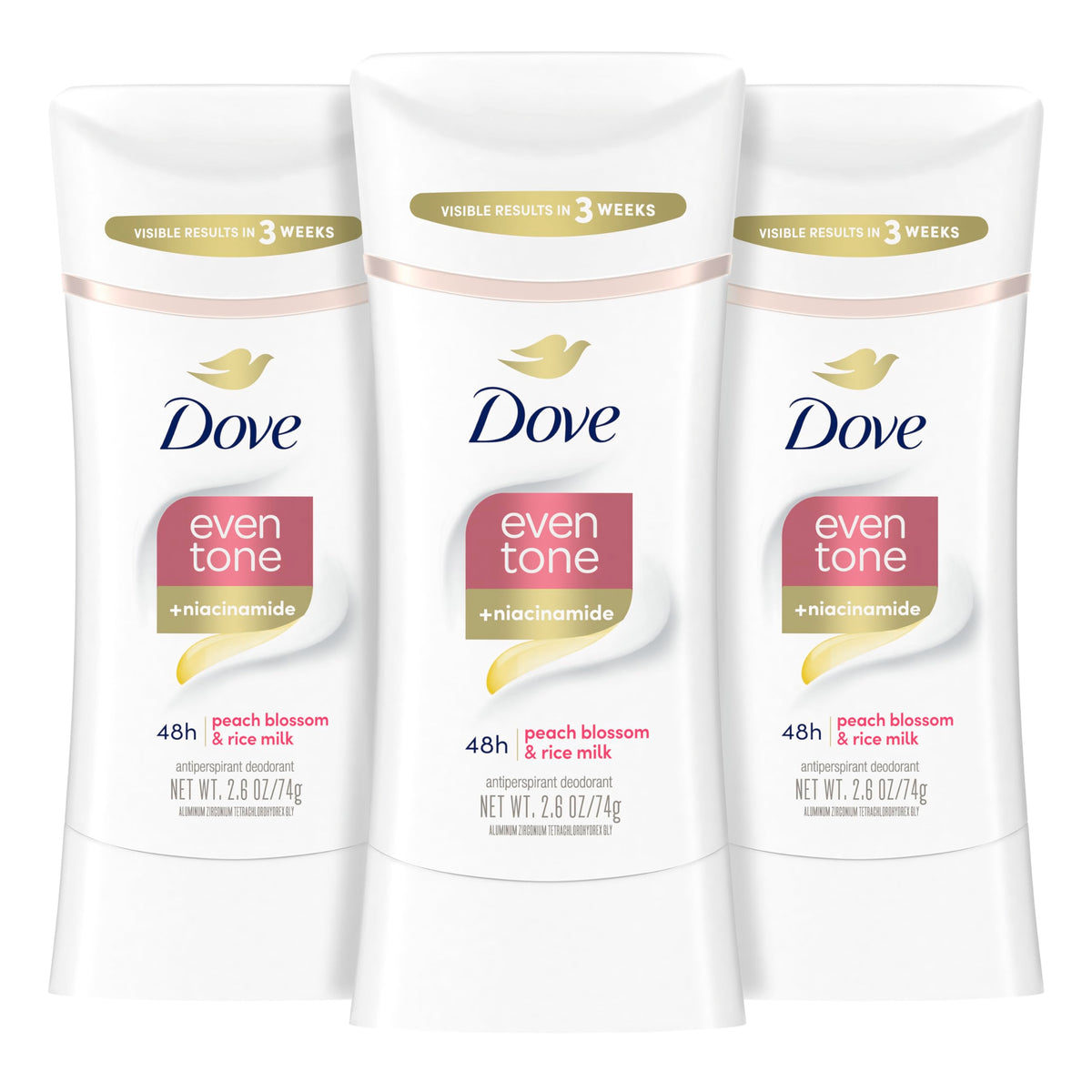 Dove Even Tone front packaging showing three sticks and benefits