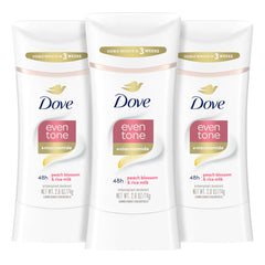 Dove Even Tone front packaging showing three sticks and benefits