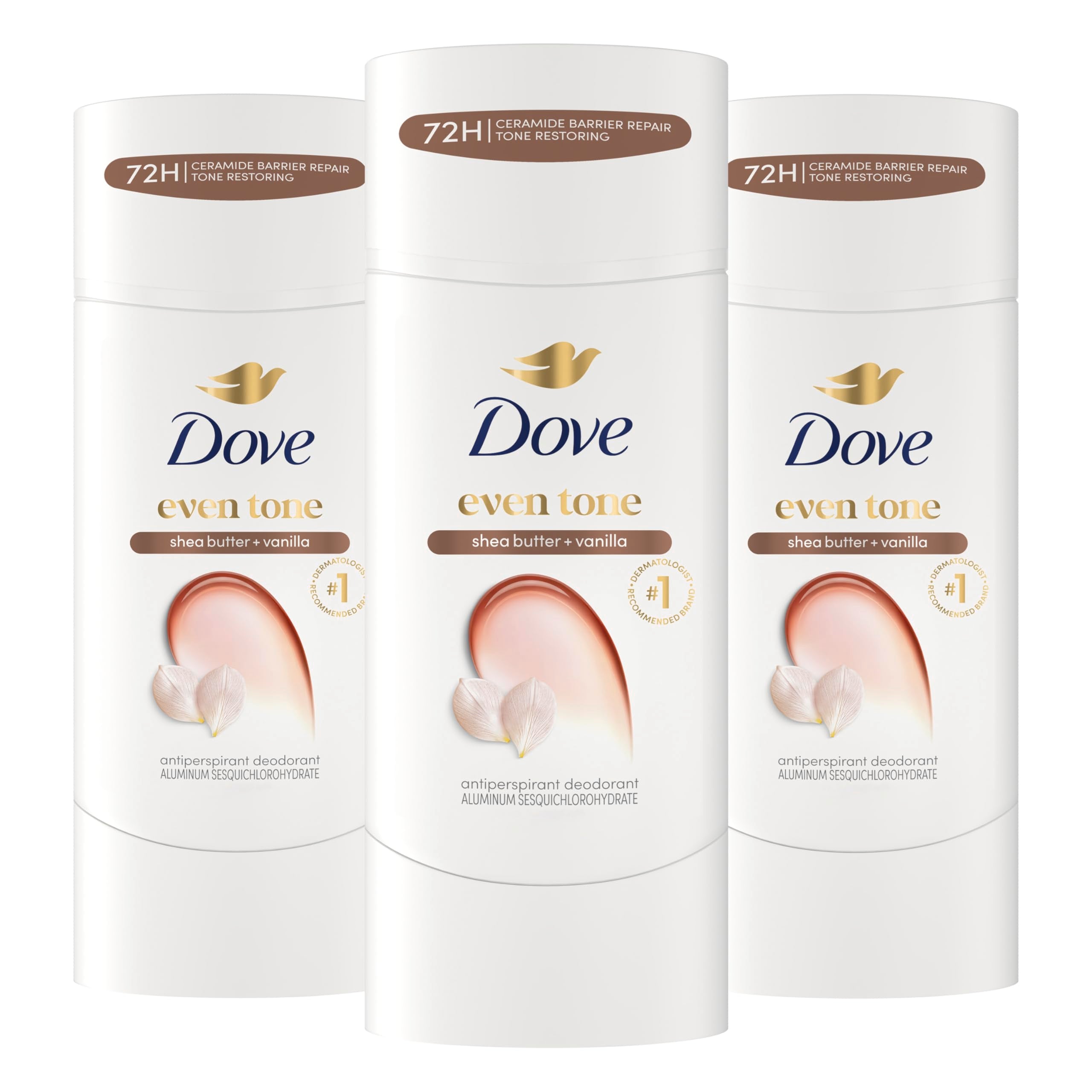 Dove even tone front packaging showing three 2.6oz sticks and clear benefit