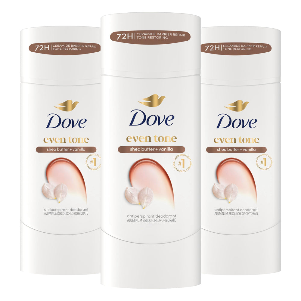 Dove even tone front packaging showing three 2.6oz sticks and clear benefit