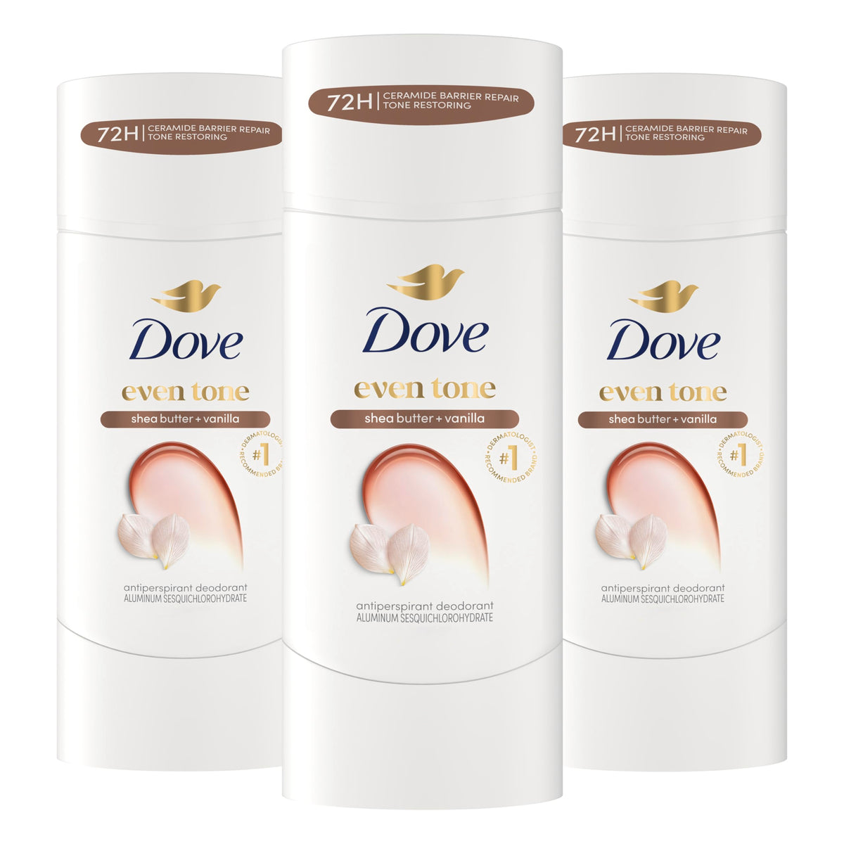 Dove even tone front packaging showing three 2.6oz sticks and clear benefit