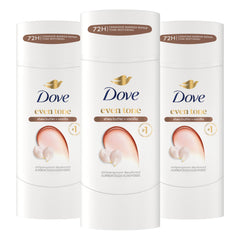 Dove even tone front packaging showing three 2.6oz sticks and clear benefit