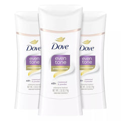 Dove Even Tone front packaging showing three sticks and benefits