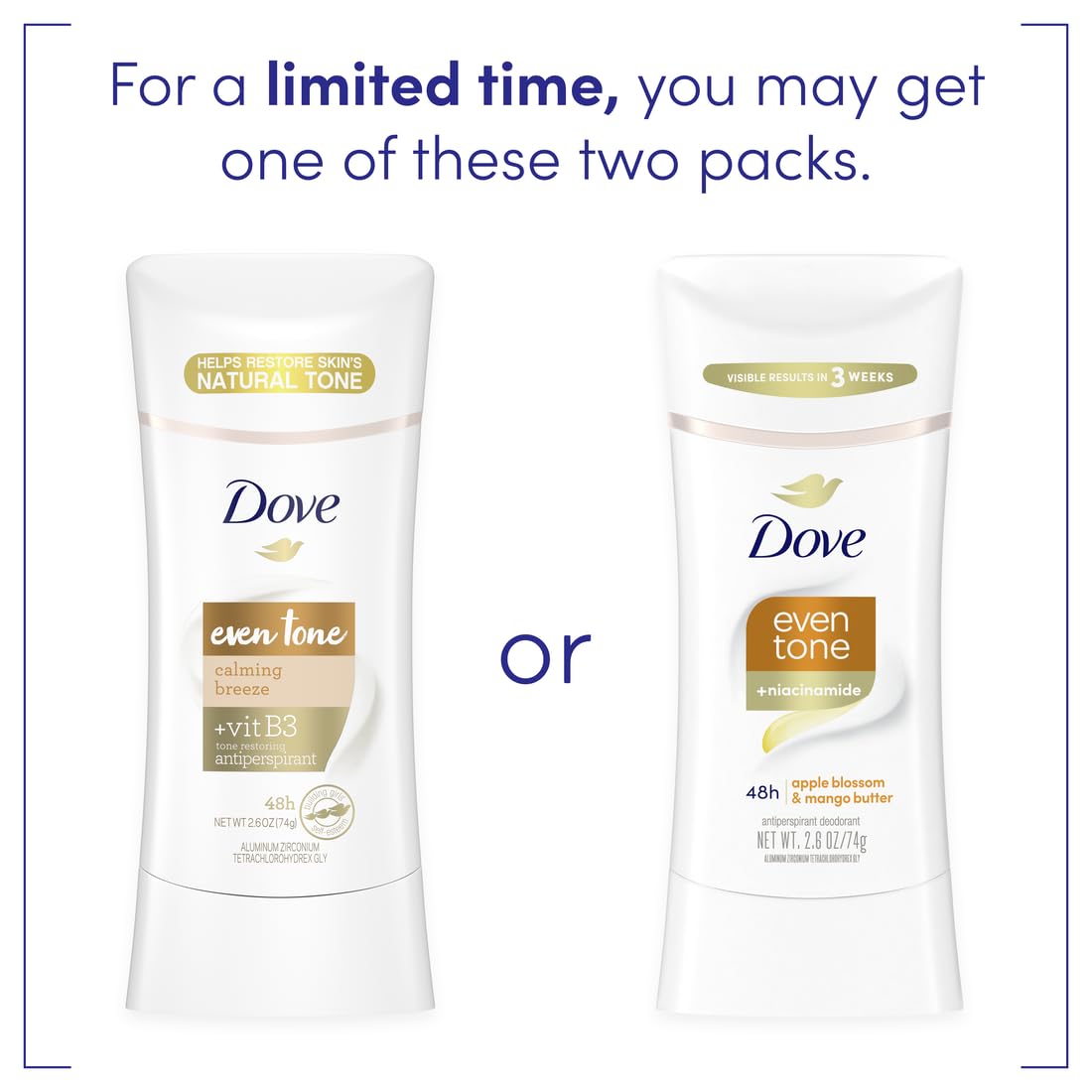 Dove Even Tone ingredients label showing niacinamide and ceramide support benefit