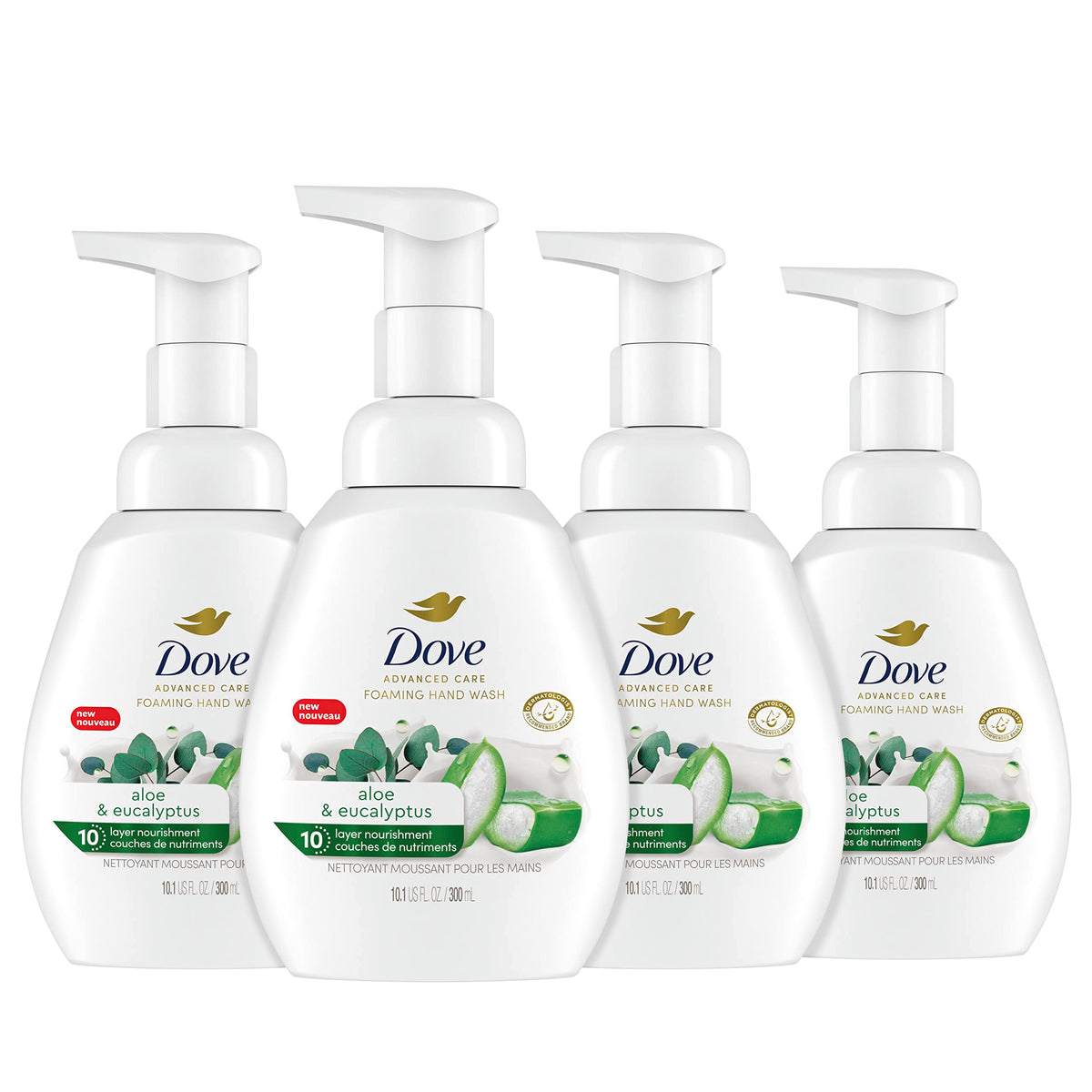 Dove front packaging showing product and scent, clear branding and protective benefits
