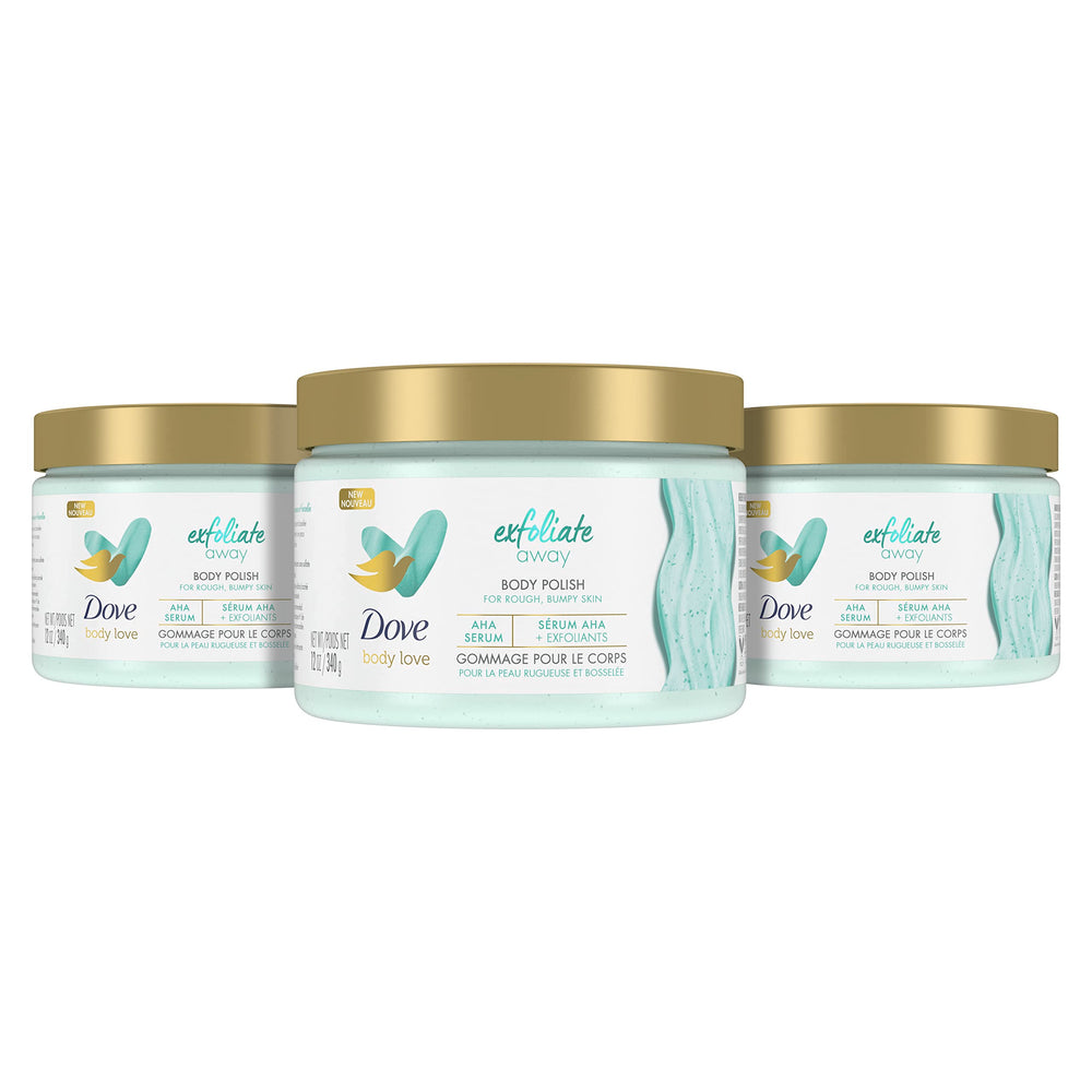Dove front jar showing Exfoliate Away label and smooth-skin benefit
