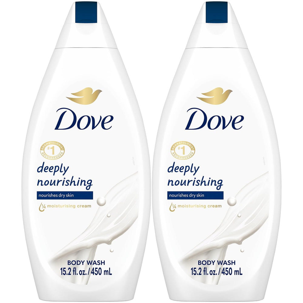 Dove front packaging showing two bottles and clear benefits