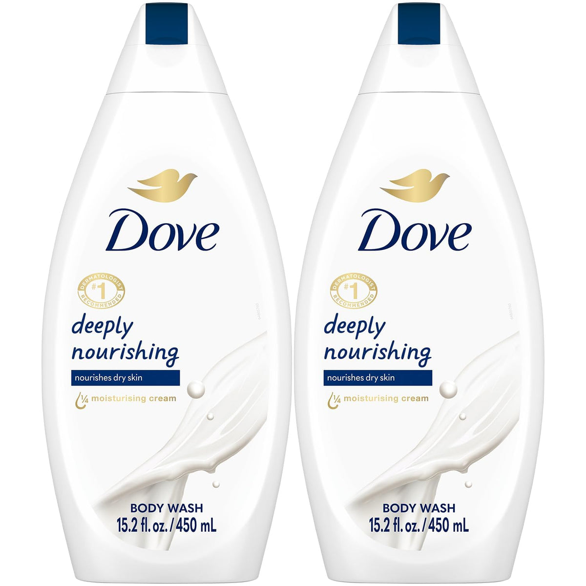 Dove front packaging showing two bottles and clear benefits