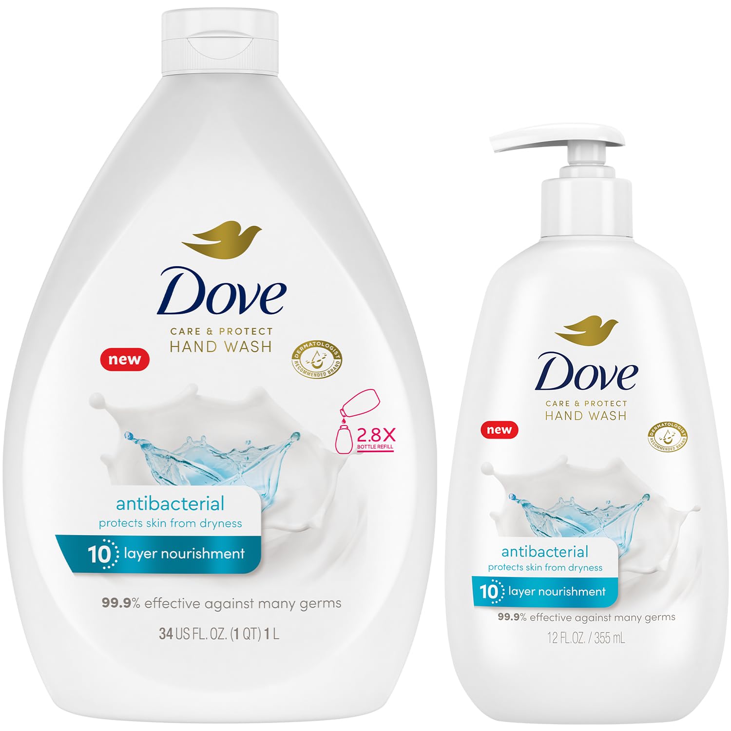 Dove pump bottle front view showing gentle antibacterial wash and moisturizing benefit