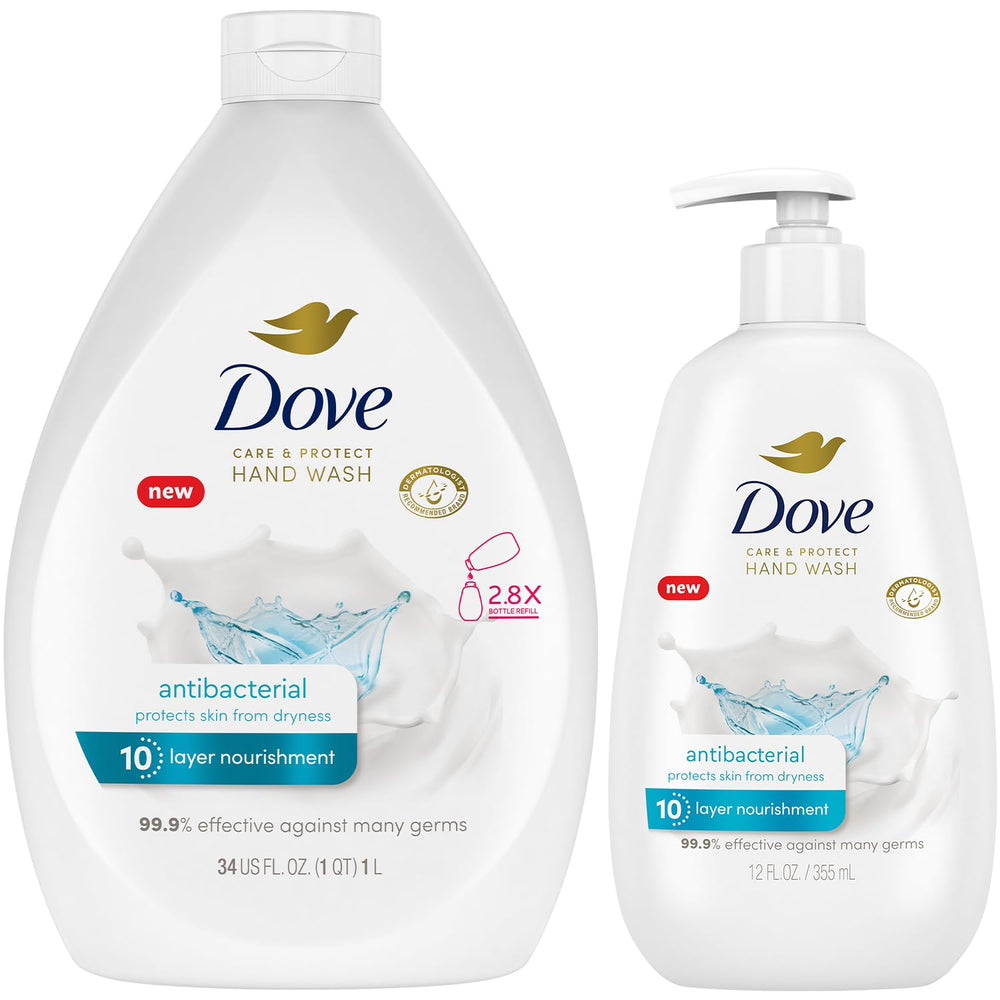 Dove pump bottle front view showing gentle antibacterial wash and moisturizing benefit