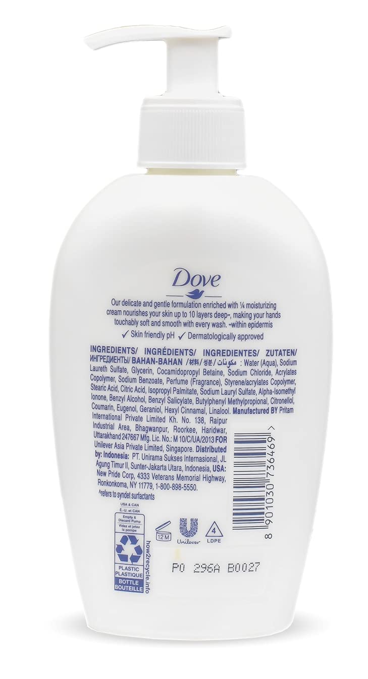 Dove hand wash being used at a bathroom sink demonstrating effective cleaning