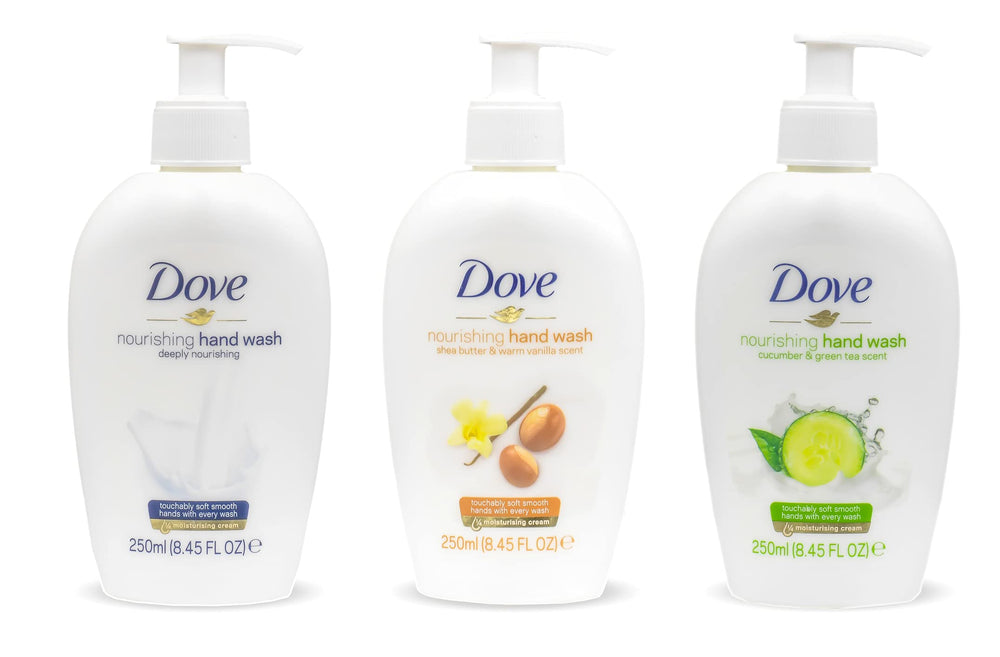 Dove front packaging showing three 250ml bottles and clear product benefits