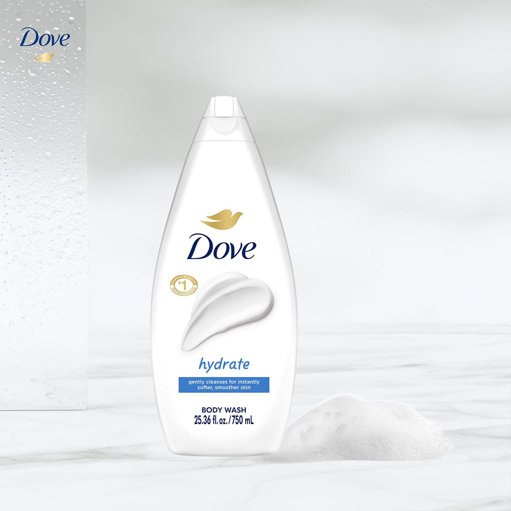 Dove Hydrate bottle label highlighting recycled plastic and cruelty-free