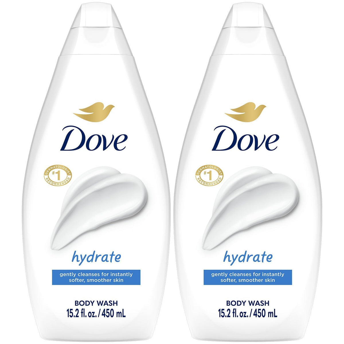 Dove Hydrate front packaging showing two bottles and product benefit