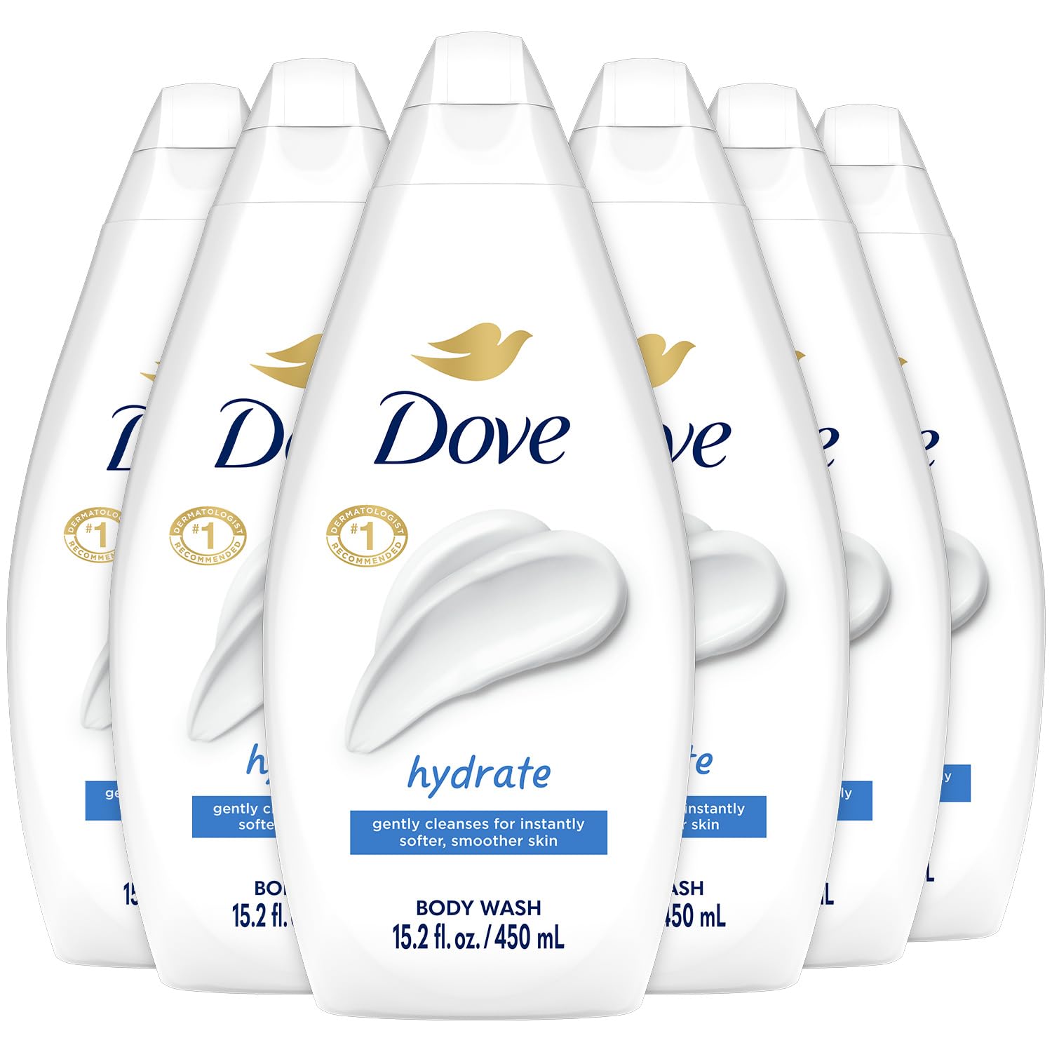 Dove hydrate front packaging showing six bottles and benefits