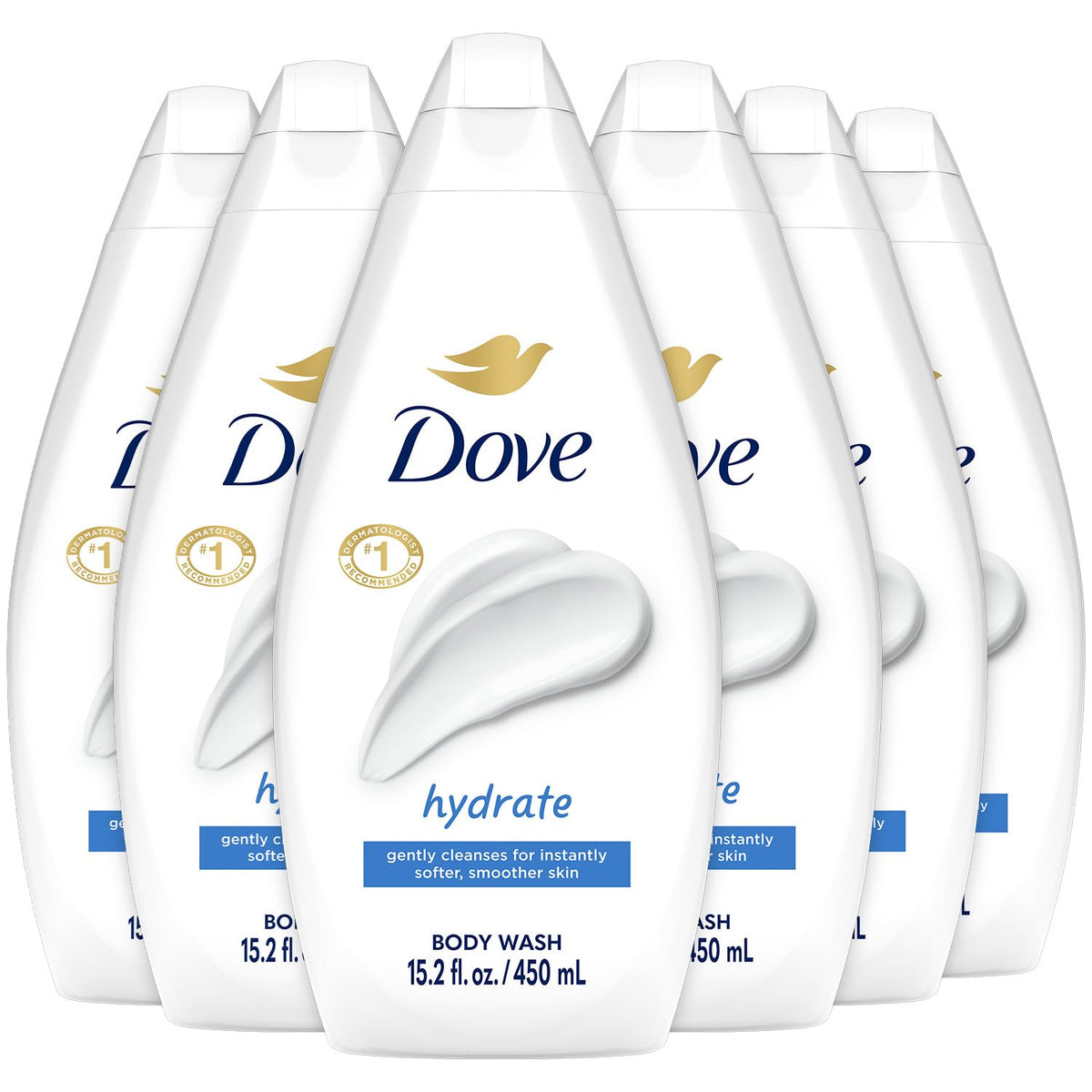 Dove hydrate front packaging showing six bottles and benefits