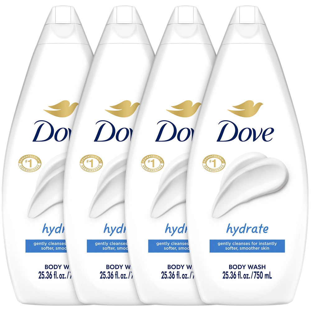 Dove Hydrate front packaging showing value four-pack and size benefits