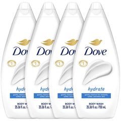 Dove Hydrate front packaging showing value four-pack and size benefits