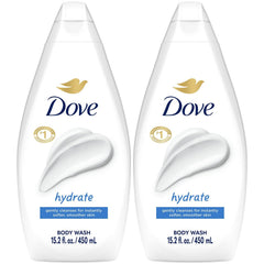 Dove Hydrate front packaging showing two bottles and product benefit