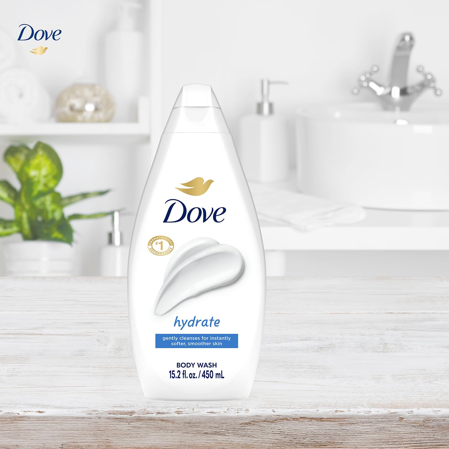 Dove hydrate size comparison with 15.22 fl oz bottle for scale