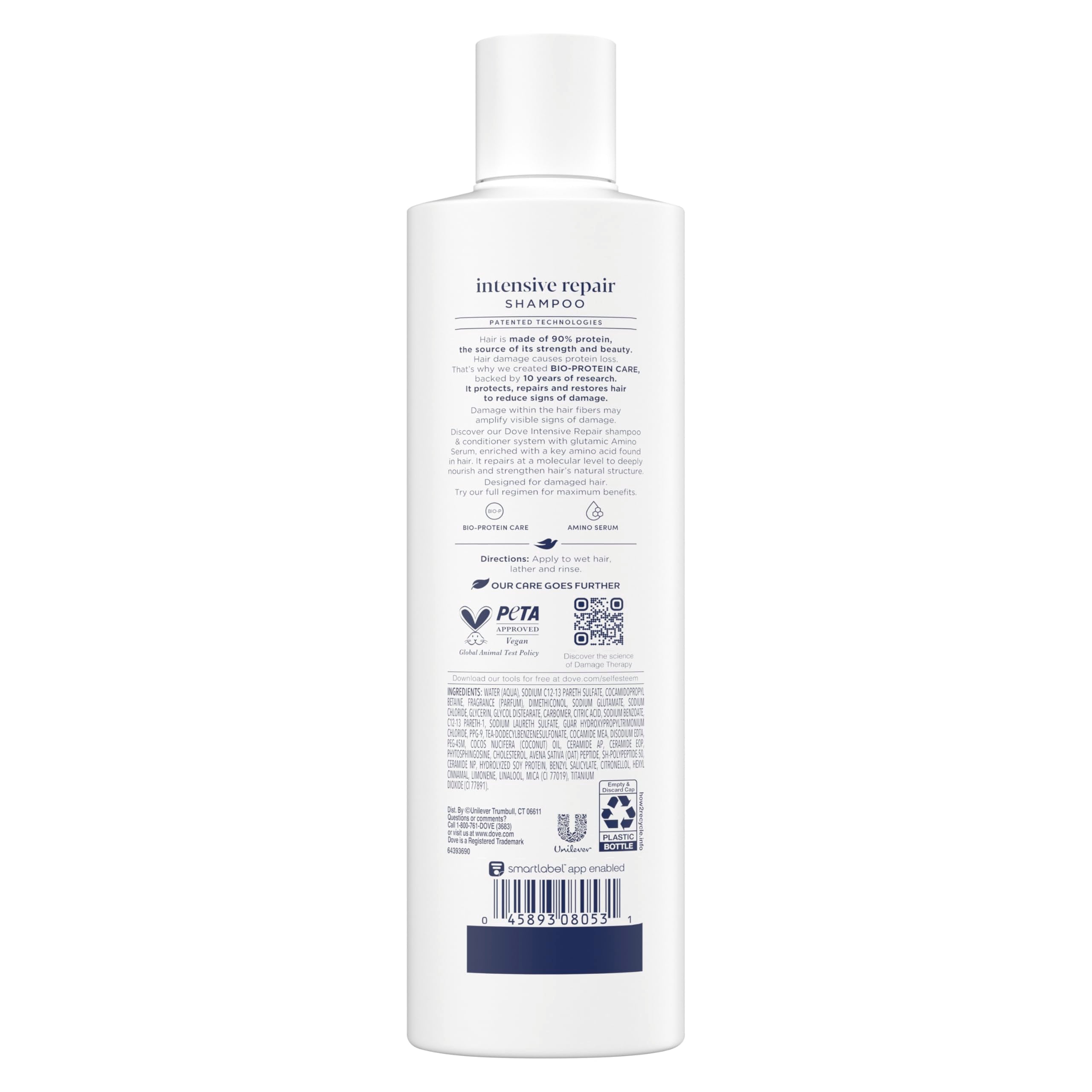 Dove shampoo back label showing ingredients and directions