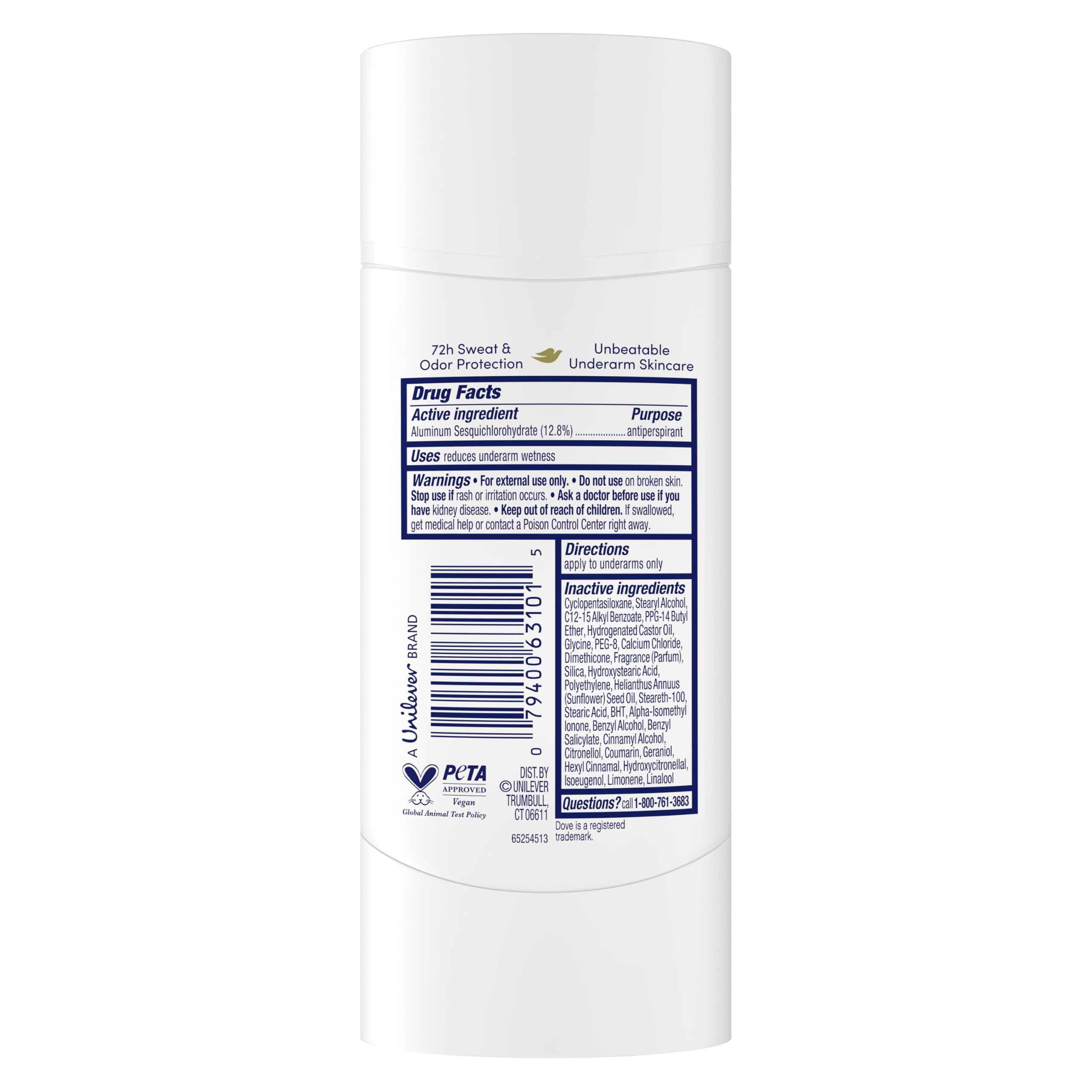 Dove antiperspirant stick closed showing cap detail and easy-grip design benefit